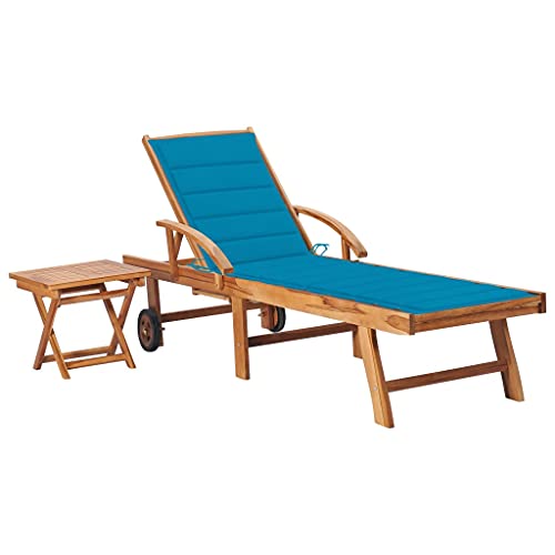 Garten Sonnenliege aus Teakholz Massiv, verstellbar mit Rollen, Tisch und Blauer Auflage, ideal für Terrasse, Pool und Outdoor-Bereich von Holamys