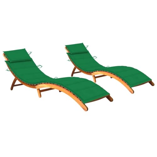 Holamys 2er-Set Garten-Sonnenliegen aus massivem Akazienholz, klappbar mit bequemen grünen Auflagen, ideal für Terrasse, Pool und Outdoor-Entspannung von Holamys