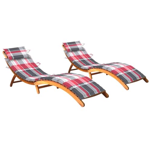 Holamys 2er-Set klappbare Sonnenliegen aus massivem Akazienholz mit bequemen roten Auflagen, ideal für Garten und Terrasse, wasserfest für Außenbereich von Holamys