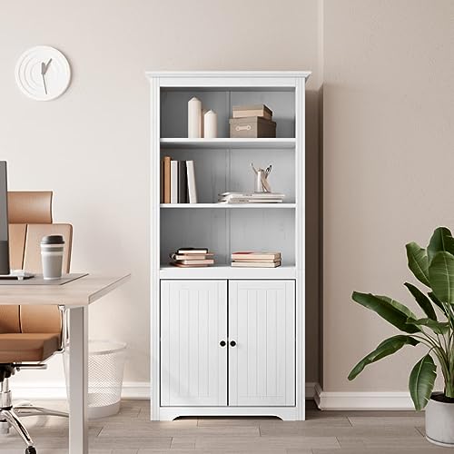 Holamys BODO Bücherregal Weiß 82x40x173 cm, Massivholz Kiefer, Französischer Stil, mit 3 Offenen Fächern & 2 Türen, Stabiler Stand für Wohnzimmer und Büro von Holamys