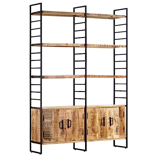 Holamys Bücherregal 4 Ebenen, 124x30x180 cm, Raues Mangoholz, Industrie-Stil, mit 4 Türen und 6 Fächern, für Bücher, Zeitschriften, Deko von Holamys