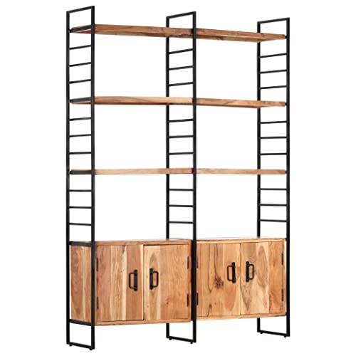 Holamys Bücherregal 4 Etagen 124x30x180 cm Massivholz Akazie Industrielles Design, Standregal mit 4 Türen & 6 Fächern, Vintage-Stil für Wohnzimmer & Büro von Holamys