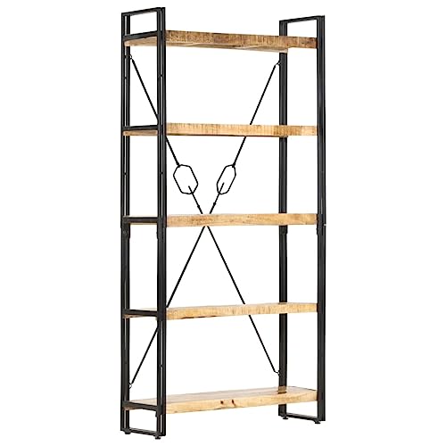 Holamys Bücherregal 5 Fächer, 90x30x180 cm, Mango Massivholz mit robustem Stahlrahmen, Industrie-Stil, vielseitiger Bücherregal für Wohnzimmer und Büro von Holamys