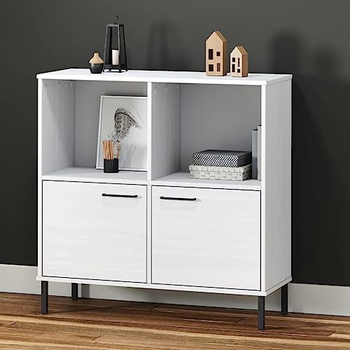 Holamys Bücherregal Oslo Weiß 90x35x90,5 cm, Massivholz Kiefer, 4 Fächer mit 2 Türen, Metallbeine, vielseitiger Cube Storage Organizer für Wohnzimmer, Arbeitszimmer und Büro von Holamys