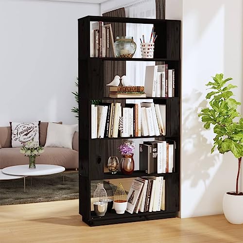 Holamys Bücherregal Raumteiler Schwarz 80x25x163,5 cm Massivholz Kiefer, Vielseitiger Standregal für Bücher, Dekoartikel & Zeitschriften, Robuster Stauraum Organizer von Holamys