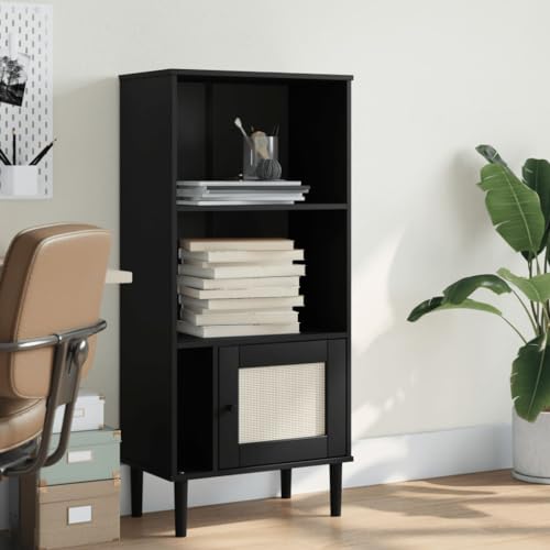 Holamys Bücherschrank SENJA Rattan-Optik Schwarz 60x35x130cm, Massives Kiefernholz UV-lackiert, Dekoratives Bücherregal mit Tür, Vielseitiger Cube Storage Organizer für Zuhause von Holamys