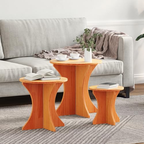 Holamys Couchtisch 3er Set Wachsbraun 46x46x47 cm, Massivholz Kiefer Rund, rustikaler Beistelltisch für Wohnzimmer, stabile Konstruktion von Holamys