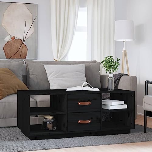 Holamys Couchtisch Schwarz 100x50x41 cm, Massivholz Kiefer, mit Schubladen & Ablagen, Wohnzimmertisch für Sofa, moderner Beistelltisch mit Stauraum, rechteckig von Holamys