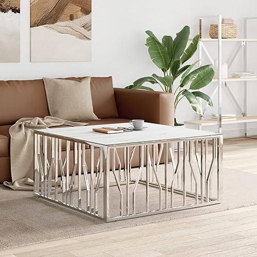 Holamys Couchtisch Silbern 100x100x50 cm, Edelstahl und Glasplatte mit Marmor-Optik, moderner Sofatisch für Wohnzimmer, pflegeleichter Beistelltisch Holamys Couchtisch Silbern 100x100x50 cm, Edelstahl und Glasplatte mit Marmor-Optik, moderner Sofatisch für Wohnzimmer, pflegeleichter Beistelltisch von Holamys