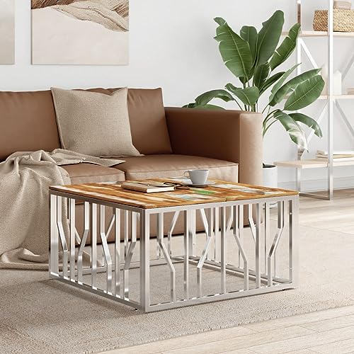 Holamys Couchtisch Silbern Edelstahl und Altholz Massiv, Rund Modern, 80x80x40 cm, Wohnzimmer Beistelltisch mit Robustem Gestell, Einzigartige Maserung von Holamys