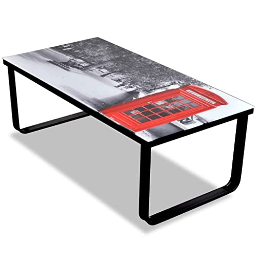 Holamys Couchtisch mit Glasplatte, Telefonzelle-Aufdruck, 90x45x32 cm, modernes Design für Wohnzimmer, stabiles Eisengestell, 5mm Sicherheitsglas von Holamys