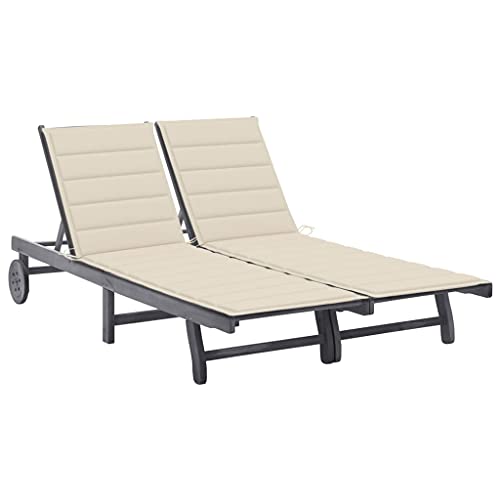 Holamys Garten 2-Personen-Sonnenliege Akazie Massivholz Grau, verstellbare Relaxliege mit Rädern, bequemer Tanning Chair für Outdoor-Bereich, Pool Lounge Chair mit cremeweißer Auflage von Holamys