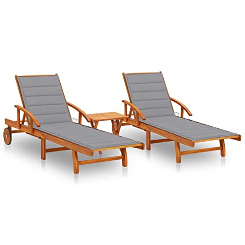 Holamys Garten Sonnenliegen Set, 2 Stühle mit Tisch und Polstern, Akazienholz witterungsbeständig, verstellbare Rückenlehne, Räder für einfaches Verschieben von Holamys