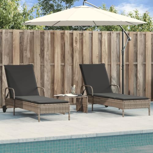 Holamys Garten Sonnenliegen Set 2 STK. Grau Poly Rattan, verstellbare Outdoor Lounge Sessel mit Rädern, Bequeme Auflagen für Balkon Poolbereich von Holamys