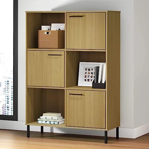 Holamys Oslo Bücherregal, Massivholz Kiefer Braun, 90x35x128,5 cm, 6 Fächer, 3 Türen, Metallbeine, Robustes Standregal für Wohnzimmer, Büro, Schlafzimmer von Holamys