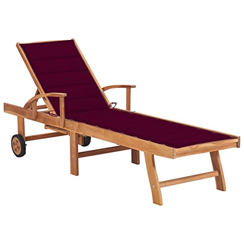 Holamys Robuste Sonnenliege aus fein geschliffenem Teakholz, weinroter Auflage, Verstellbarer Rückenlehne, mit Rollen für Garten, Terrasse, Poolbereich von Holamys