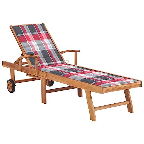 Holamys Robuste Sonnenliege aus fein geschliffenem Teakholz mit Rädern, Verstellbarer Rückenlehne und rotem Karomuster-Auflage, ideal für Garten, Terrasse und Poolbereich von Holamys