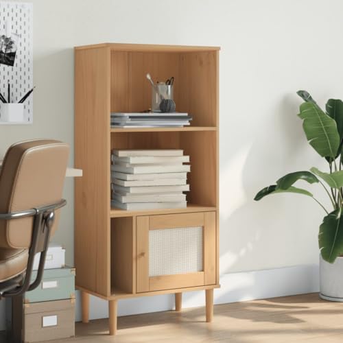 Holamys SENJA Bücherregal Kiefernholz Braun 60x35x130 cm, UV-lackiertes Massivholz mit Rattan-Optik Tür, für Bücher, Deko & Aufbewahrung im Wohnzimmer von Holamys