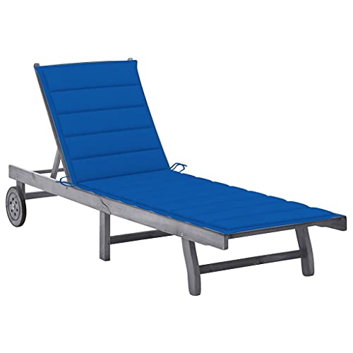 Holamys Sonnenliege Grau Akazie Massivholz, Verstellbare Rückenlehne, Fußstütze, Räder, Inklusive Auflage für Garten, Pool, Terrasse von Holamys