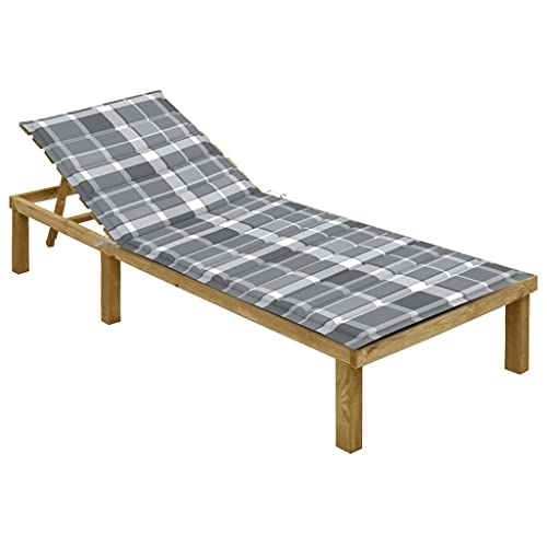 Holamys Sonnenliege aus imprägniertem Kiefernholz, verstellbare Rückenlehne, graue Karomuster-Auflage, perfekt für den Garten oder Poolbereich. von Holamys