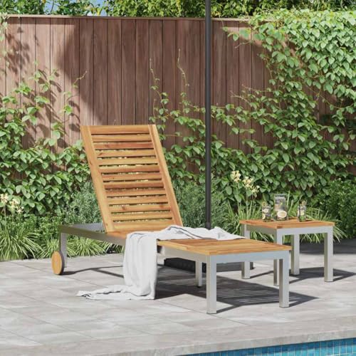 Holamys Sonnenliege aus massivem Akazienholz mit Edelstahlrahmen, 207 x 58 x 35 cm, verstellbare Rückenlehne, Moderne Rollen für einfaches Bewegen im Garten von Holamys