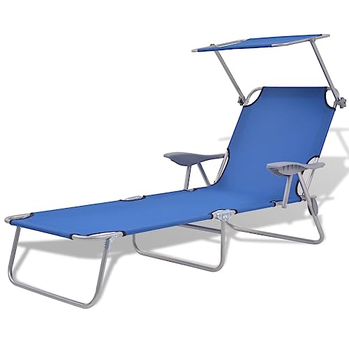 Holamys Sonnenliege mit verstellbarem Sonnenschutz aus blauem pulverbeschichtetem Stahl, klappbar für Garten, Pool und Strand, ideal zum Entspannen im Freien von Holamys