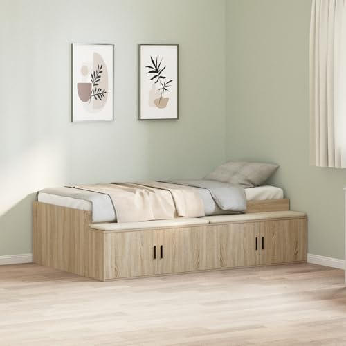 Holamys Stauraum-Bettgestell Sonoma Eiche 90x190 cm, Robustes Holzwerkstoff-Einzelbett, modernes Design mit 4 Fächern Holamys Stauraum-Bettgestell Sonoma Eiche 90x190 cm, Robustes Holzwerkstoff-Einzelbett, modernes Design mit 4 Fächern von Holamys