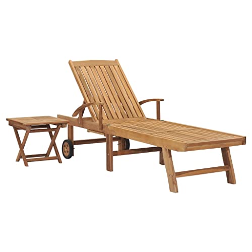 Holamys Teakholz-Sonnenliege mit Rädern, Verstellbarer Rückenlehne und ausziehbarer Ablage, ideal für entspannte Stunden im Garten oder auf der Terrasse, inklusive passendem Klapptisch. von Holamys