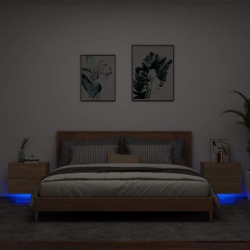 Holamys Wand-Nachttische mit LED-Beleuchtung, 2er-Set, Sonoma-Eiche, schwebend, für Schlafzimmer, modernes Design, platzsparend von Holamys