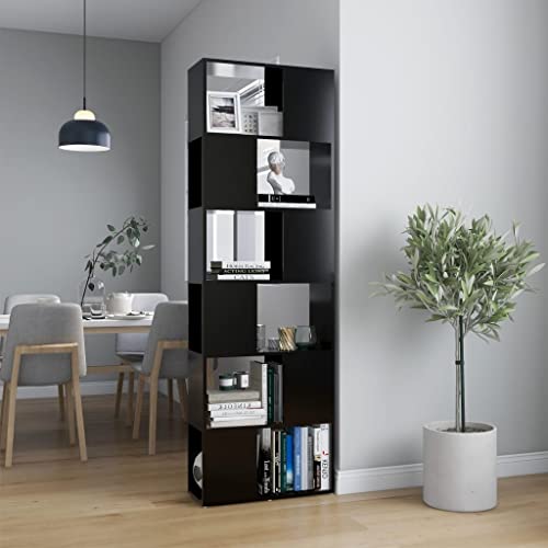 Modernes Bücherregal Raumteiler in Schwarz, 60x24x186 cm, aus langlebigem Holzwerkstoff, mit 6 geräumigen Fächern für Bücher, DVDs und Dekoration von Holamys