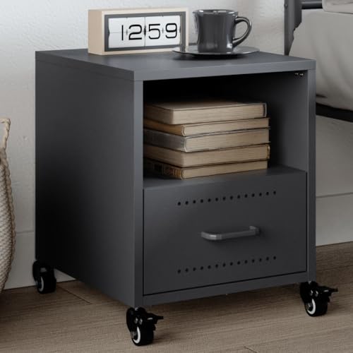 Nachttisch Anthrazit 36x39x43,5 cm, robuster Stahl mit Rollen, ideal für Schlafzimmer, Wohnzimmer, Beistelltisch mit Schublade von Holamys