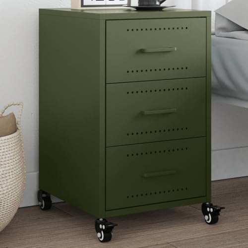 Nachttisch Olivgrün, 36x39x59 cm, kaltgewalzter Stahl, Nachttische für Schlafzimmer, praktischer Beistelltisch mit Rollen, eleganter Night Stand von Holamys