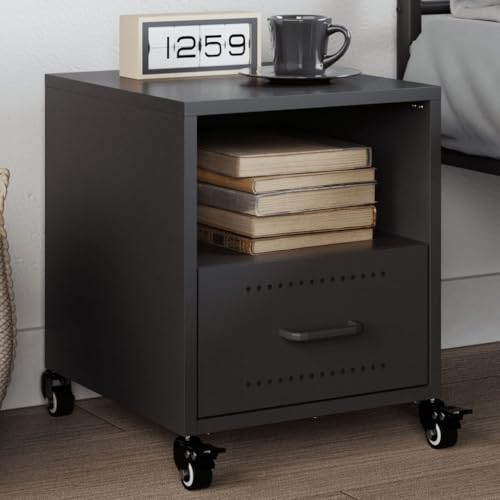Nachttisch Schwarz, 36x39x43,5 cm, robuster kaltgewalzter Stahl, mit Rollen, eleganter Beistelltisch für Schlafzimmer & Wohnzimmer von Holamys