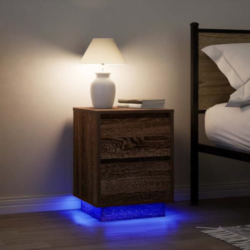 Nachttische mit LED-Beleuchtung, 2er-Set, Braun Eichen-Optik, Kommode für Schlafzimmer, Wohnzimmer, Beistelltisch mit USB, Holzwerkstoff, modern von Holamys
