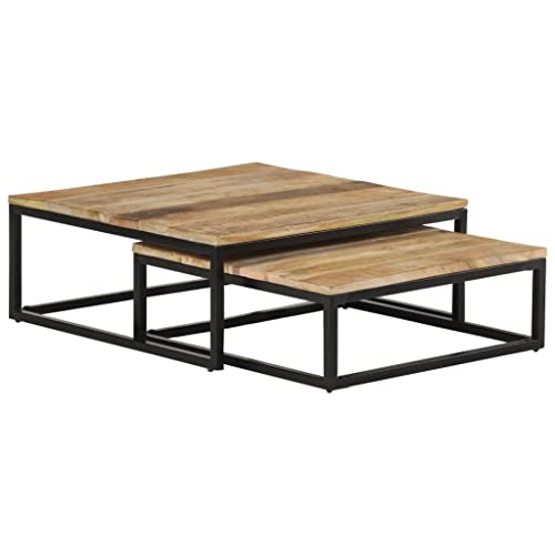 Satztische 2-STK. Mango Massivholz, Industrie Couchtisch Set Schwarz Eisen, Rund Beistelltische für Wohnzimmer, Moderner Wohnzimmertisch Holz von Holamys