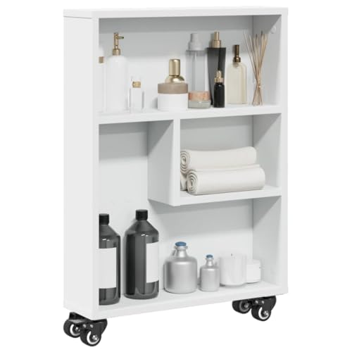 Schmaler Aufbewahrungswagen Weiß 48x13x68 cm, robuster Holzwerkstoff mit Rollen, vielseitiger Rollwagen für Küche, Bad & Wohnzimmer, Leichter Transport von Holamys
