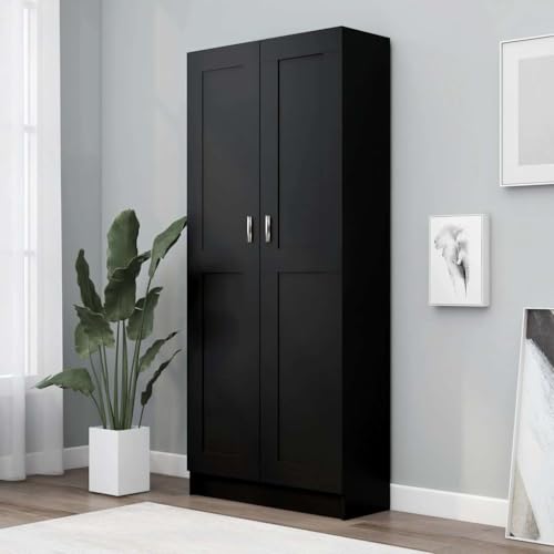Schwarzer Bücherschrank aus Holzwerkstoff, 82,5x30,5x185,5 cm, mit 5 Fächern & 2 Türen, vielseitiger Stauraum für Wohnzimmer, Büro, Schlafzimmer, Robustes Bücherregal von Holamys
