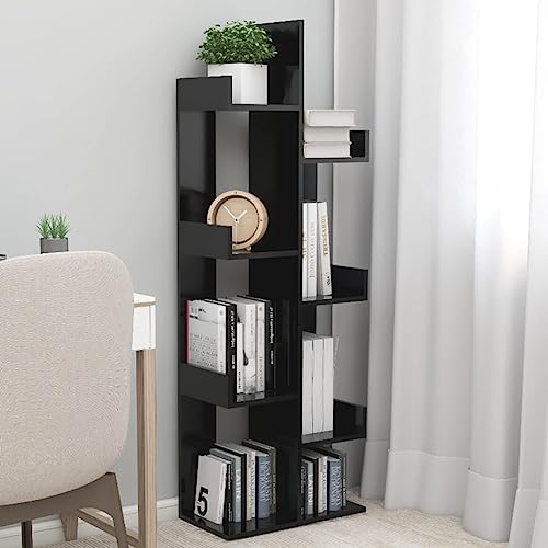 Schwarzes Bücherregal aus Holzwerkstoff, 48x25,5x140 cm, mit 8 Fächern, stabiles Standregal für Bücher, CDs, Dekoration und Pflanzen im Wohnzimmer, Schlafzimmer oder Büro von Holamys