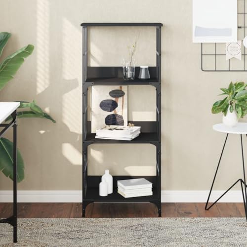 Schwarzes Bücherregal aus Holzwerkstoff, 50x33x117,5 cm, mit 3 Fächern, robustem Stahlrahmen und erhöhten Kanten, ideal für Bücher, Deko und Zeitschriften im Wohnzimmer von Holamys