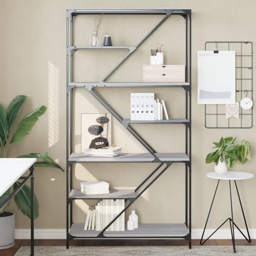 Sonoma Grau Bücherregal 91x36x176 cm, industrieller Holzwerkstoff & Stahl, Stabiler Stand, vielseitiger Stauraum für Wohnzimmer & Büro von Holamys