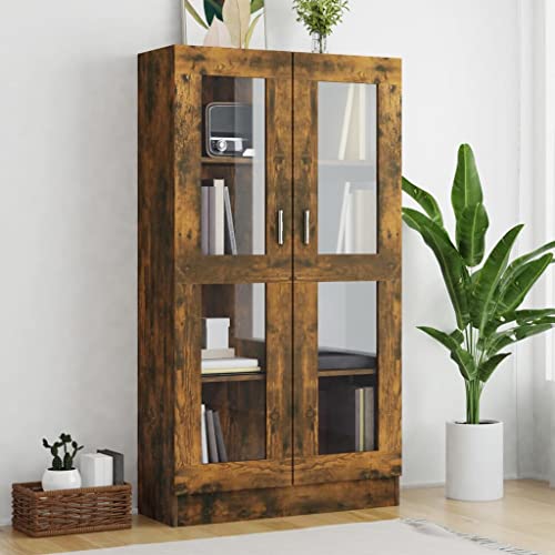 Vitrinenschrank Räuchereiche 82,5x30,5x150 cm Holzwerkstoff, Standregal mit 4 Fächern und 2 Glastüren, vielseitiger Bücherregal Schrank für Wohnzimmer, Büro und Arbeitszimmer von Holamys