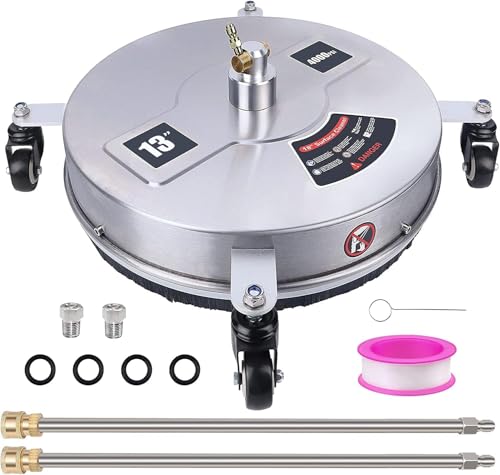 13" Pressure Washer Surface Cleaner with 4 Wheels, Stainless Steel Housing & 1/4" Quick Connector, Power Washer Attachment with 2 Extension Wands, 2 Replacement Nozzles, 4000 PSI von HoldOneLight