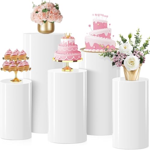 HoldOneLight 5-Pack weiße Zylinder Sockel steht - Runde Display-Säulen für Kuchen, Blumen, Party Tischdekorationen, Sockel für Parteien, Event-Deko (Hochzeit, Babyshower, Geburtstag)(5PCS) von HoldOneLight