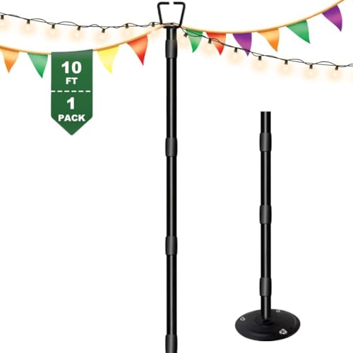 HoldOneLight String Light Pole für Deck 10Ft/3M Outdoor String Light Poles - Verstellbare Höhe, rostfreies Metall, Heavy Duty für Patio, Hinterhof, Garten & Party (1pack) von HoldOneLight
