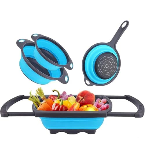 Küchensieb Set, 4 Stück Faltbare Nudelsiebe, Abtropfsieb für Nudeln, Gemüse und Obst, 3 Farben (Blue) von HoldOneLight