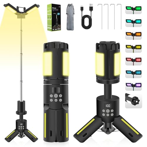 Multifunktionale Teleskop-Campinglampe, 5000LM LED-Laterne mit 8 Farbeinstellungen, klappbarem Ständer Magnetfuß, reflektierender Sicherheitsstreifen für Notfälle und den Außeneinsatz (Black) von HoldOneLight