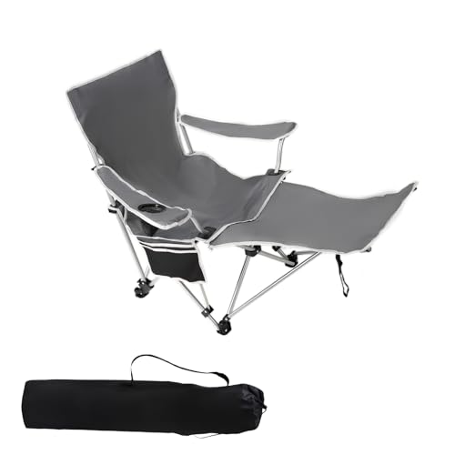 Robuster Campingstuhl für Erwachsene - 4 Positionen mit Fußstütze, inklusive Kühltasche & Getränkehalter - Perfekt für Strand, Park, Terrasse & Entspannung im Freien (Grau) von HoldOneLight