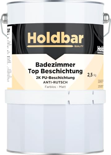 Holdbar Badezimmer Top Beschichtung Anti-Rutsch Matt 2,5 kg - Wasserfest - Transparent - Geeignet für Duschkabine - Fliesenfarbe badezimmer - PU 2 komponenten topbeschichtung - Versiegelung von Holdbar