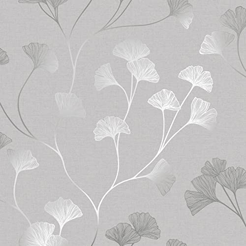 Holden Decor 12700 Glistening Gingko Grey Silver Papiertapete, Grau/Silber full roll von Holden Decor