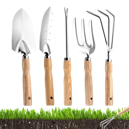 5 Stück Gartengeräte, Gartenwerkzeug Set, Robuste Pflanzwerkzeuge Aus Edelstahl, Ergonomischer Griff, Wurzelpflücker, Gabel, Rechen, Schaufeln, Gartenset Für Die Gartenpflege von Holdes